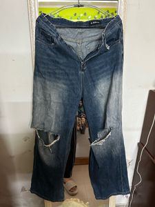 Distressed Blue Wash Wide Leg Jeans