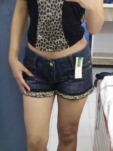 Denim Shorts with Leopard Detail