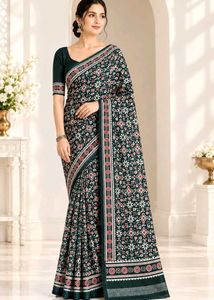 Elegant Green Saree with Red & White Print
