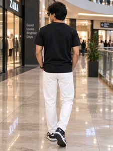 Men's Black T-Shirt with White Pants