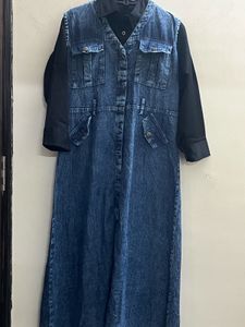 Denim Pinafore Dress with Black Top