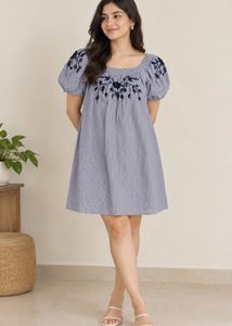 Striped Off-Shoulder Embroidered Dress