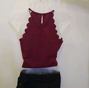 Maroon Scalloped Halter Crop Top