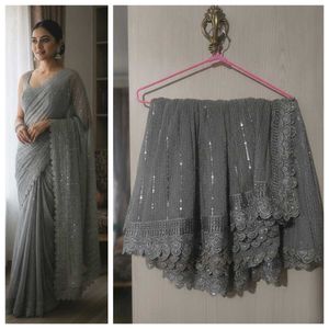 Elegant Grey Sequined Saree
