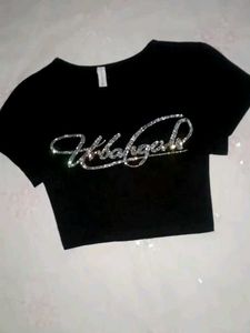 Black Crop Top with Rhinestone Detail
