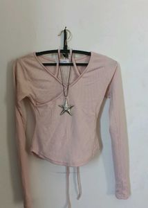 Light Pink Ribbed Wrap Top