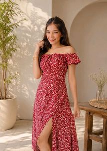 Red Floral Off-Shoulder Midi Dress