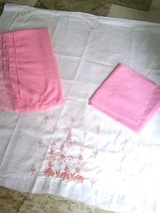 3 piece cotton embroidery pink&amp;white suit(unstitcd