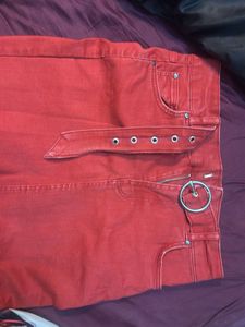 Red Denim Mini Skirt with Belt