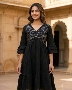 Elegant Black Tiered Kurta with Mirror Work