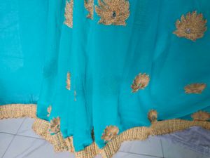 Beautiful Blue Saree with Gold Embroidery