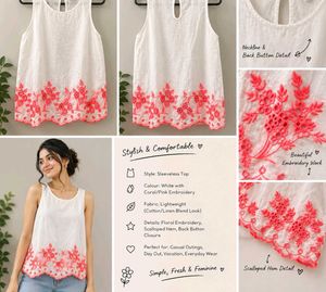 🌸 Chic White Sleeveless Top with Coral Embroidery
