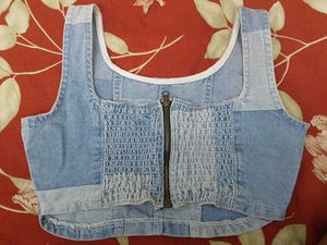 Patchwork Denim Zip-Up Crop Top