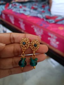 Earrings With Pendant... Gold With Blue Stones