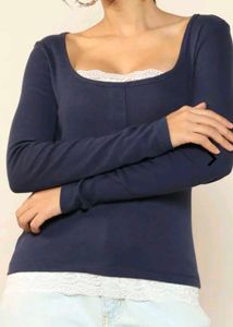 Navy Blue Lace Trim Long Sleeve Top