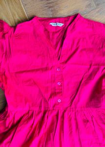 Vibrant Pink Puff Sleeve Tiered Dress