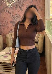 Fitted Polo Neck Crop Top – Cocoa Brown | ZUDIO