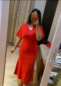 Elegant Red Cape Sleeve Lace Trim Dress