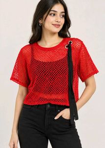 Women's Red Fishnet Top