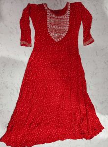 Red Printed Maxi Dress with Embellished Neckline