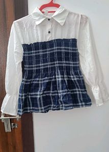 White &amp; Navy Checked Smocked Peplum Top