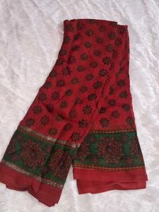 Red Printed Saree with Green Border without blouse