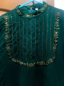 Elegant Green Kurta with Embellished Neckline