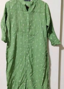 Green Printed Straight Kurti | Button-Down Cotton