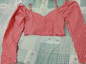 Red Gingham Crop Top with Tie Sleeves