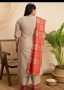 Elegant Beige Kurta Set with Red Dupatta