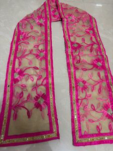 Elegant Beige Net Dupatta with Vibrant Pink Floral