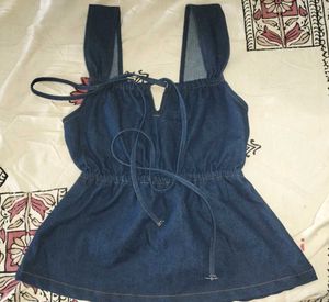 Square Neck Bowknot Shirred Demin Crop Tank Top