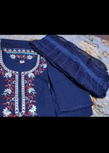 Embroidered Navy Blue Kurta Set with Dupatta