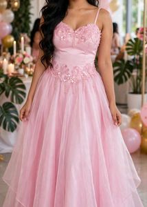 Pink Floral Applique Tulle Gown