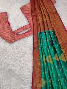 Elegant Teal &amp; Red Banarasi Silk Saree