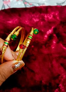 Vintage Gold Bangles with Red &amp; Green Beads