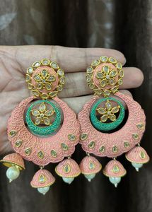 Beautiful Pink & Green Jhumka Earrings