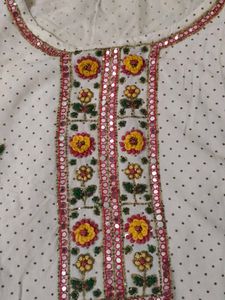 White Polka Dot Kurta with Embroidered Neckline