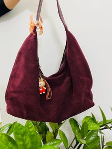 Stylish Maroon Suede Hobo Bag