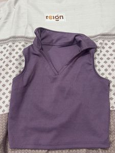 Reign Purple Ribbed Collared Crop Top