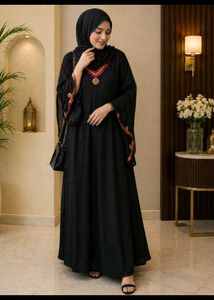 Elegant Black Abaya with Red & Gold Trim