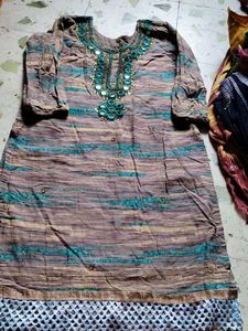 Blue Kurta with Striped Pattern Mirror work