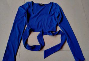 Mwb Blue Ribbed Crop Top with Tie