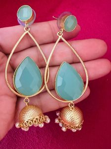 Elegant Teal Stone Jhumka Earrings