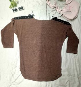 New Brown Lace-Up Detail Sweater Top
