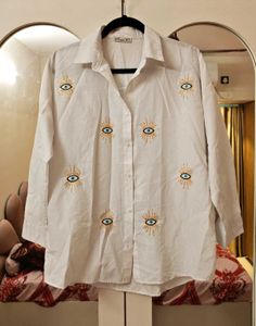 White Evil Eye Embroidered Cotton Shirt