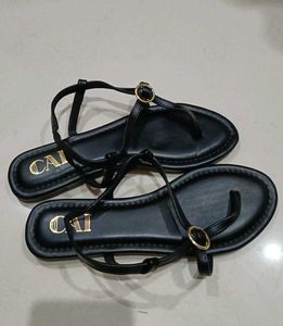 Black Flat Sandals with Gold Buckle