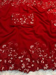 Stunning Red Embroidered Saree