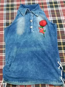 Denim Rose Patch Halter Top