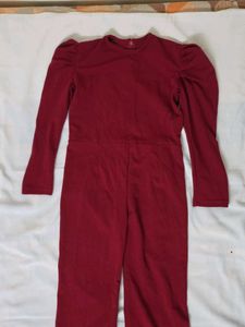 Maroon Puff Sleeve Jumpsuit for Girls